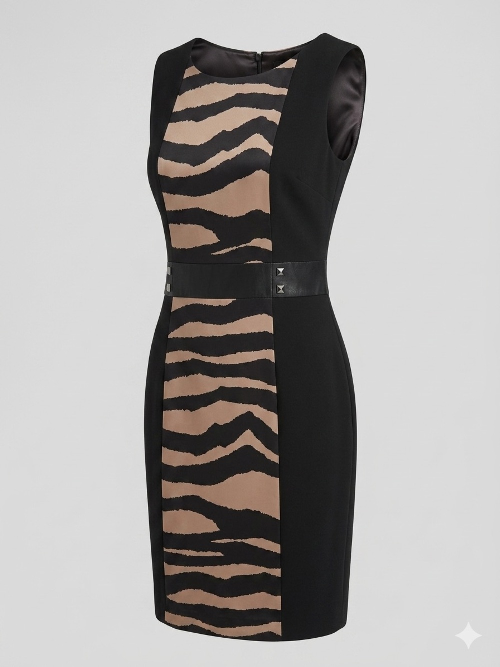 Tahari Sleeveless Zebra-Panel Sheath Dress in Black and Tan